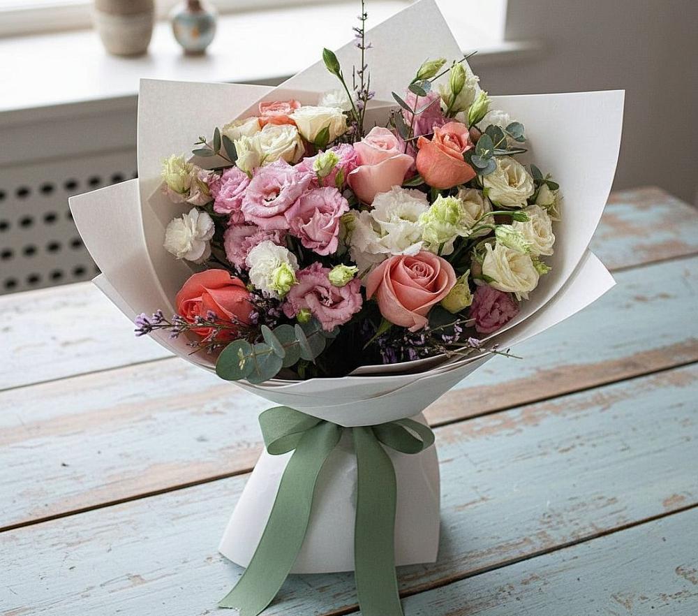 Букет цветов из: Розы, Лизиантусы и Гвоздики в Орше